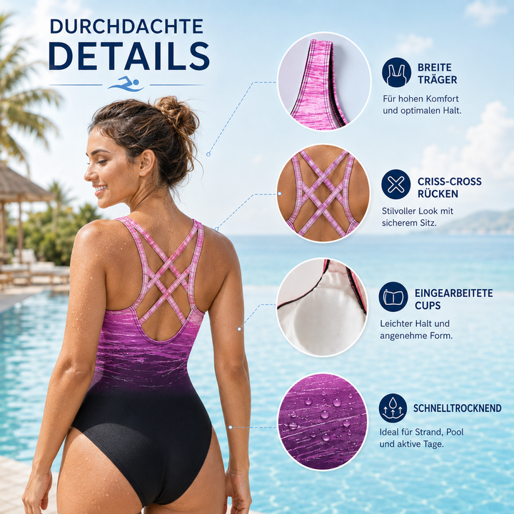 Rückenfreier Damen Badeanzug, sommerliche Schwimmmode mit Farbverlauf, elegant.