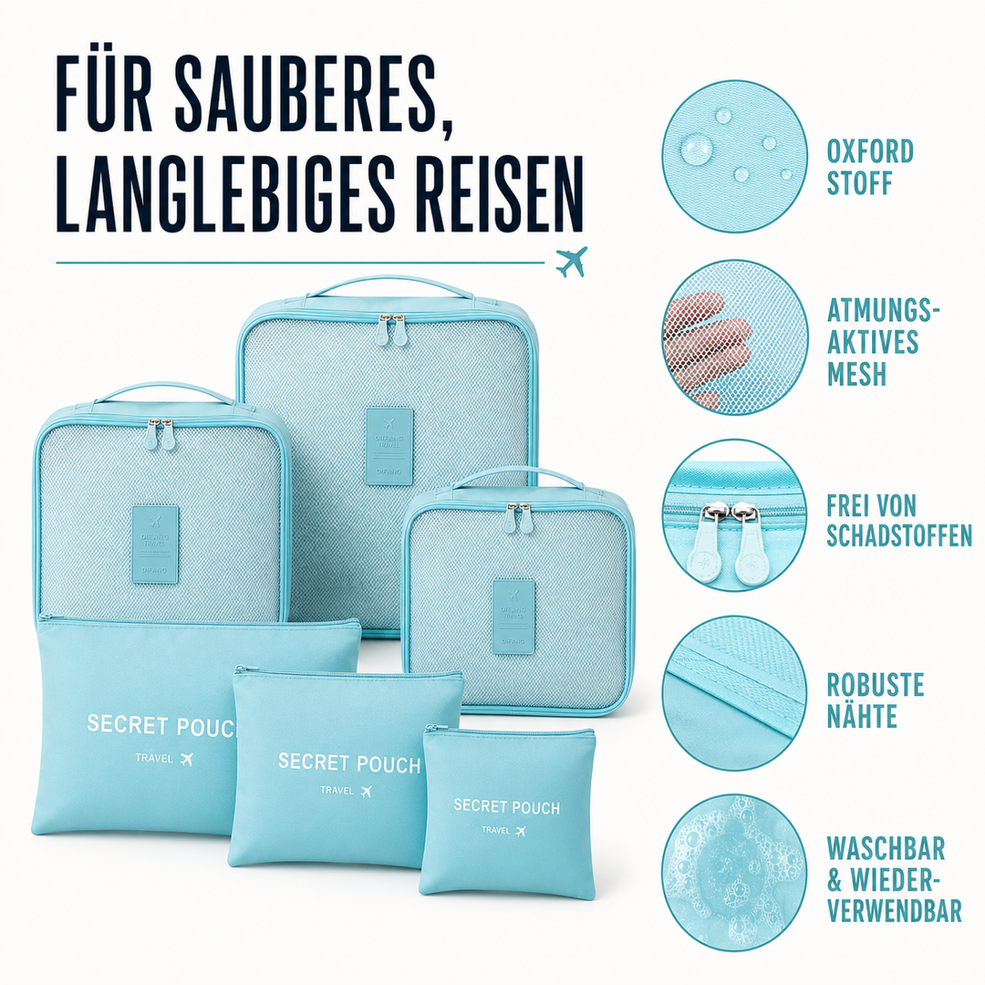 Organisiere deine Reise mit diesem 6er-Packwürfel-Set aus robustem Oxford-Gewebe.