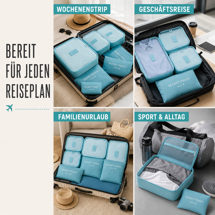 Stressfreie Reise: 6 Packtaschen zur Sortierung von Kleidung und Schuhen im Koffer.
