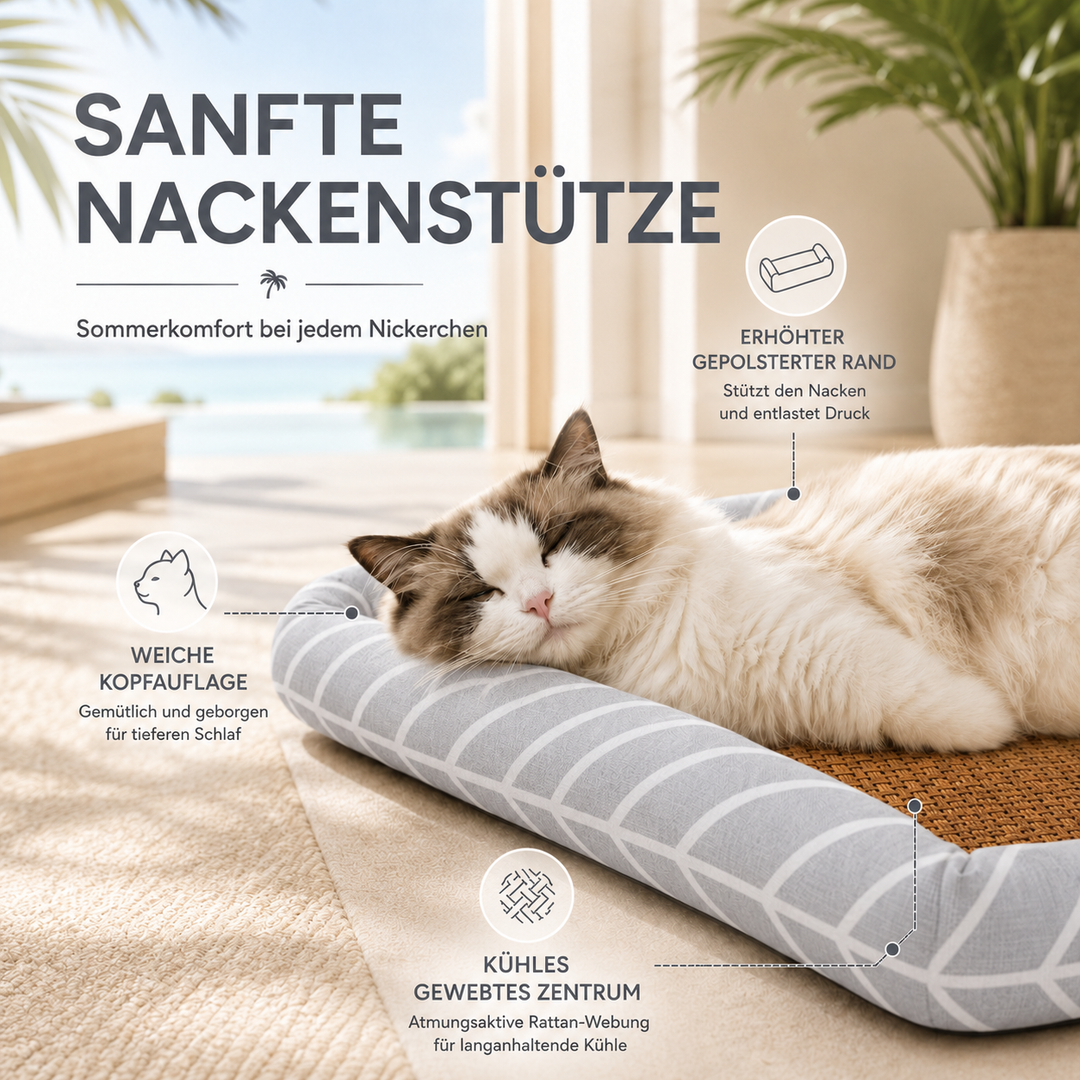 Buntes, weiches Kühlbett mit Pfötchen für Hunde & Katzen. Atmungsaktiver Ruheplatz für den Sommer.
