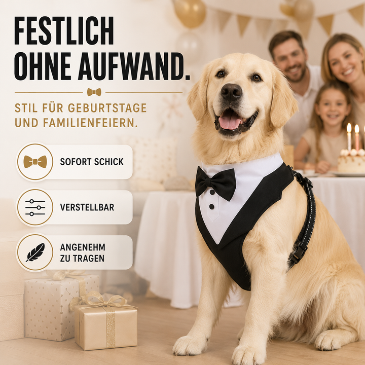 Festliches Hund Smoking Geschirr mit schwarzer Fliege, ideal für Hochzeiten & Partys.