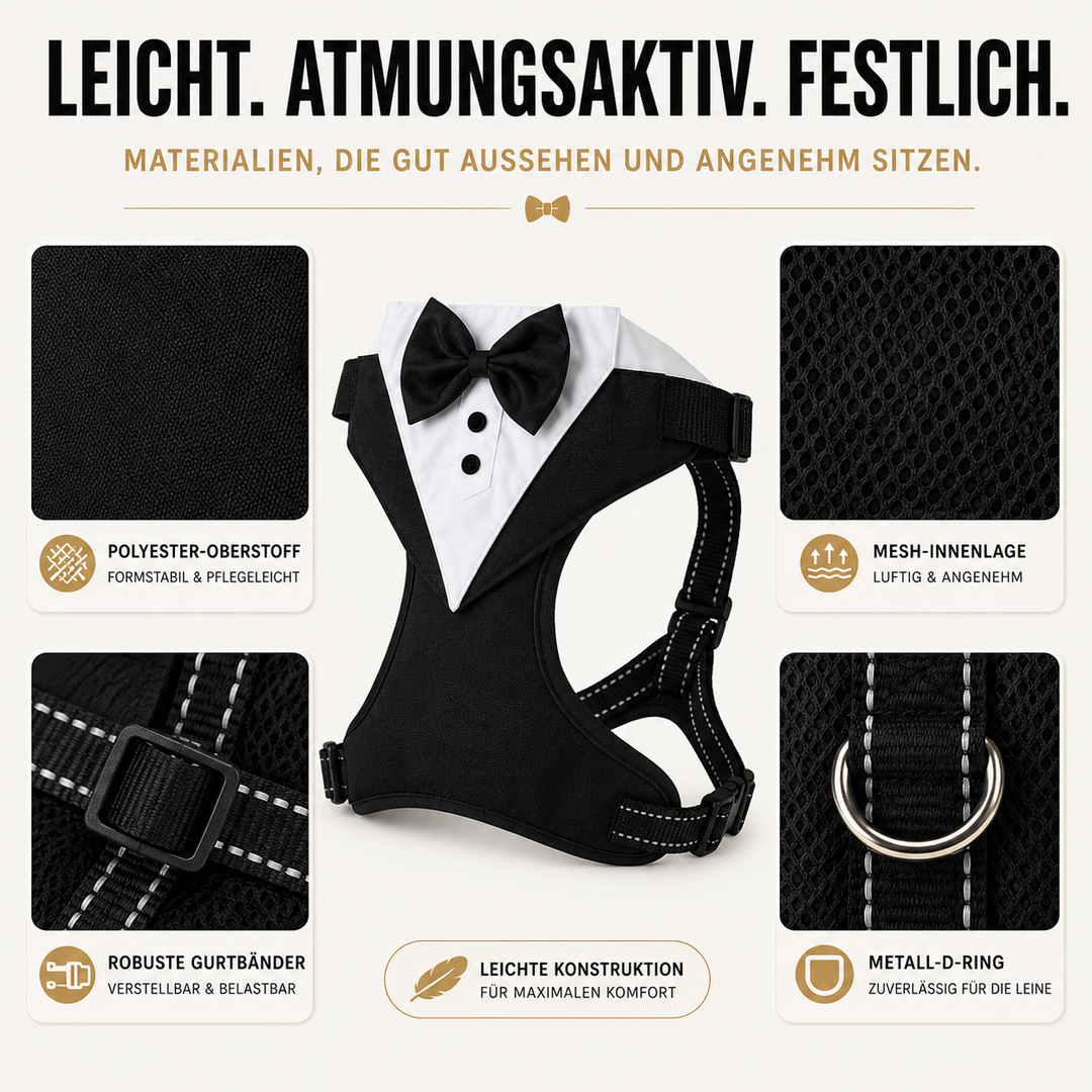Schwarzes Hundegeschirr mit Fliege für Hunde, im Smoking-Look, perfekt für feierliche Anlässe.
