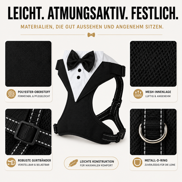 Schwarzes Hundegeschirr mit Fliege für Hunde, im Smoking-Look, perfekt für feierliche Anlässe.