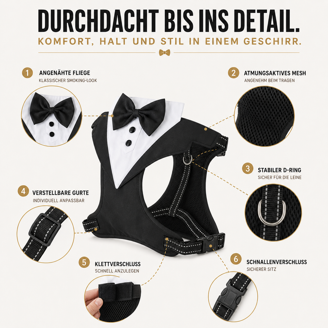 Elegantes Hundewestengeschirr im Smoking-Stil, verstellbar & komfortabel für besondere Feste.