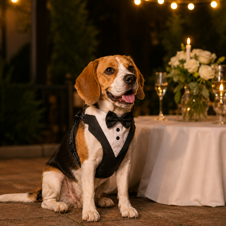 Party-Hundegeschirr: Smoking-Stil mit Fliege, verstellbar & sicher für den Auftritt bei Anlässen.