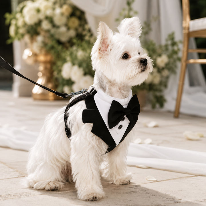 Smoking Hundegeschirr schwarz mit weißer Fliege, elegant & verstellbar für festliche Anlässe.