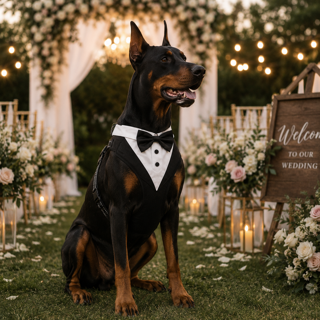 Elegantes Haustiergeschirr: Smoking-Look mit Fliege, verstellbar & komfortabel für den festlichen Hund.