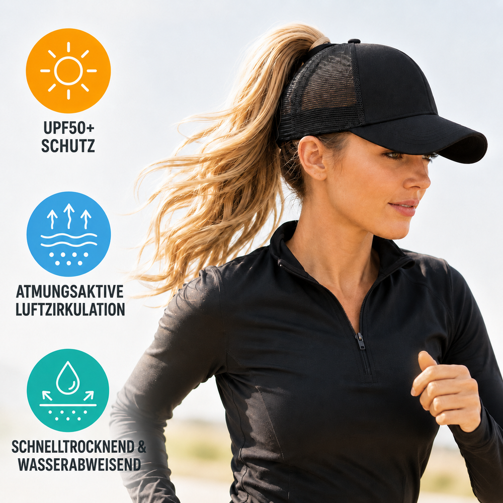 Stilvolle Damen Baseballcap mit Pferdeschwanzöffnung, ideal für Sport und Freizeit.