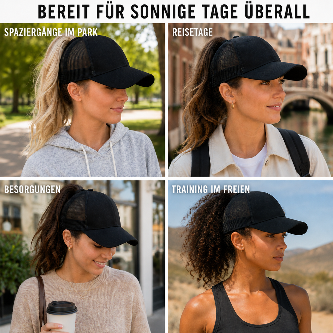 Stylische Damen Kopfbedeckung: Baseballcap mit Pferdeschwanzloch, perfekt für den Sommer.