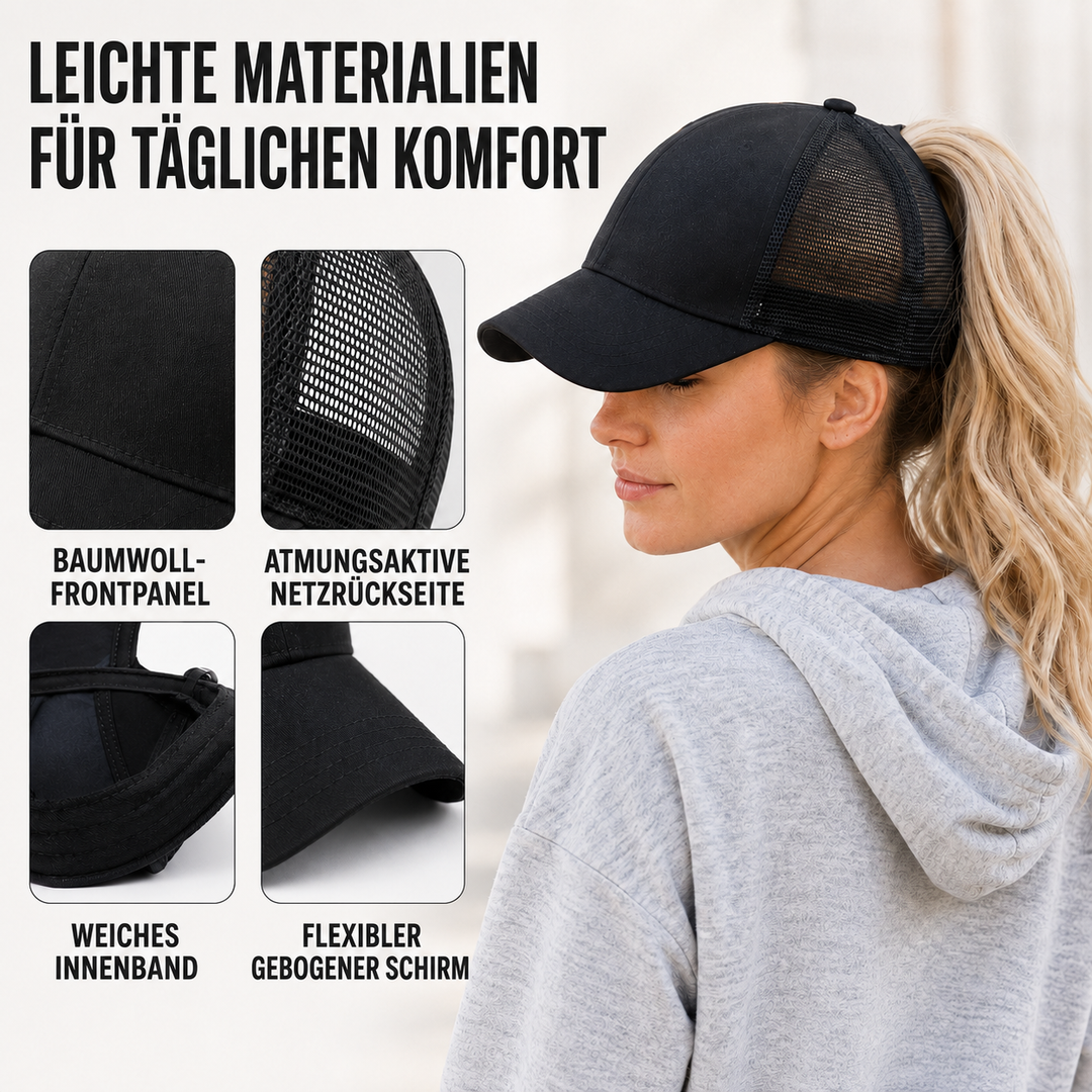 Atmungsaktive Mesh Cap für Damen mit cleverer Öffnung für den Pferdeschwanz, verstellbar.