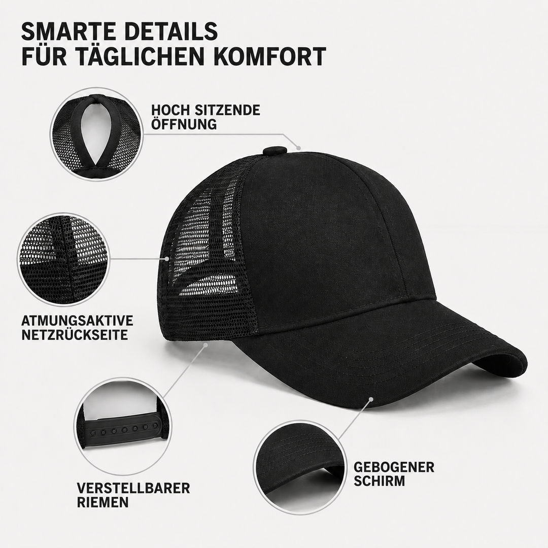 Bequeme Damen Sommercap mit Pferdeschwanzloch, perfekt für Outdoor-Aktivitäten.