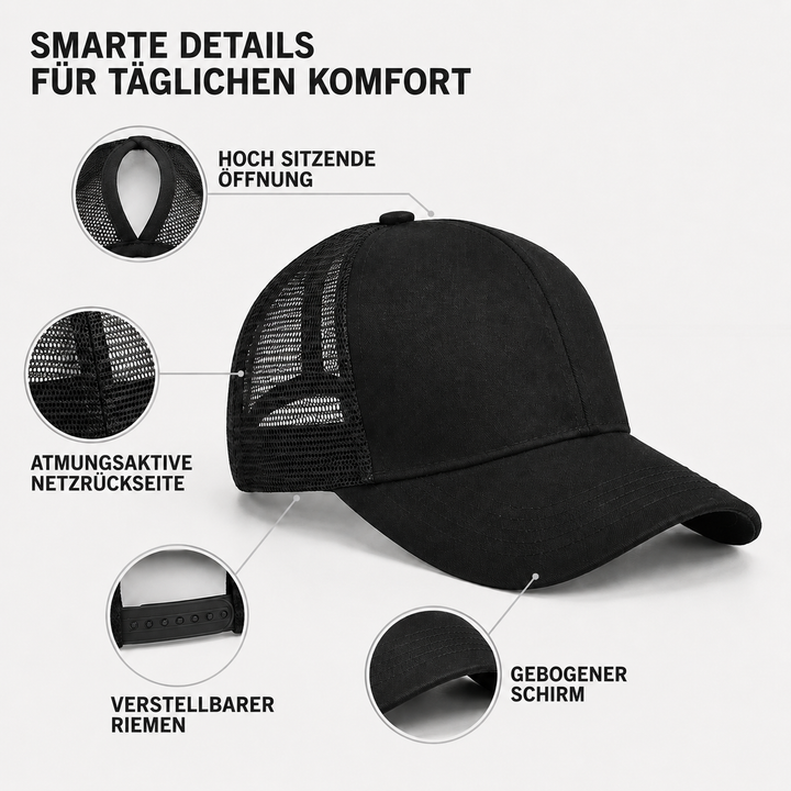 Bequeme Damen Sommercap mit Pferdeschwanzloch, perfekt für Outdoor-Aktivitäten.