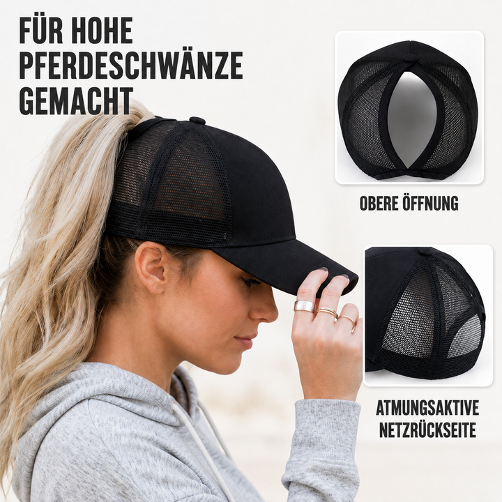 Damen Freizeitcap, verstellbar, mit praktischer Öffnung für Pferdeschwanz, atmungsaktiv.