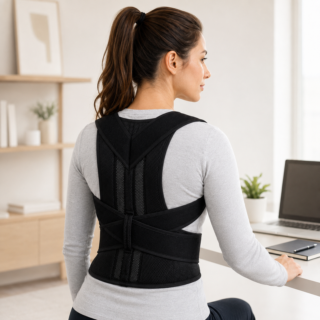 Alltagstaugliche Rückenstütze & Schulterstütze zur Haltungskorrektur und Förderung der Rückengesundheit.