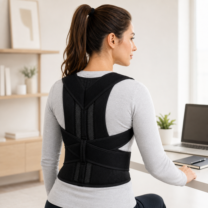 Alltagstaugliche Rückenstütze & Schulterstütze zur Haltungskorrektur und Förderung der Rückengesundheit.
