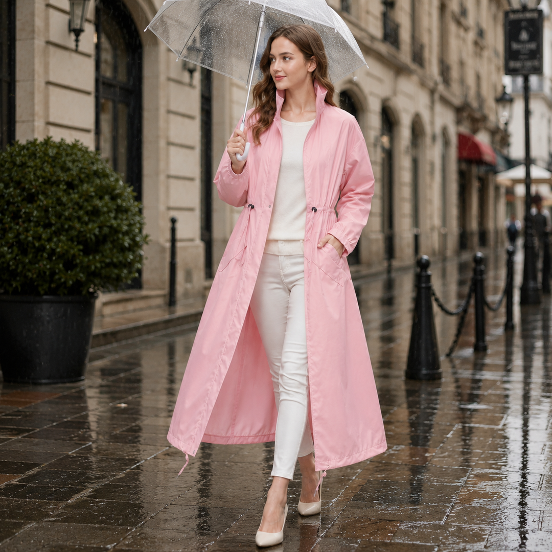 Damen Regenmantel Rainora: Eleganter, wasserabweisender langer Mantel mit Kapuze für Wetterschutz.