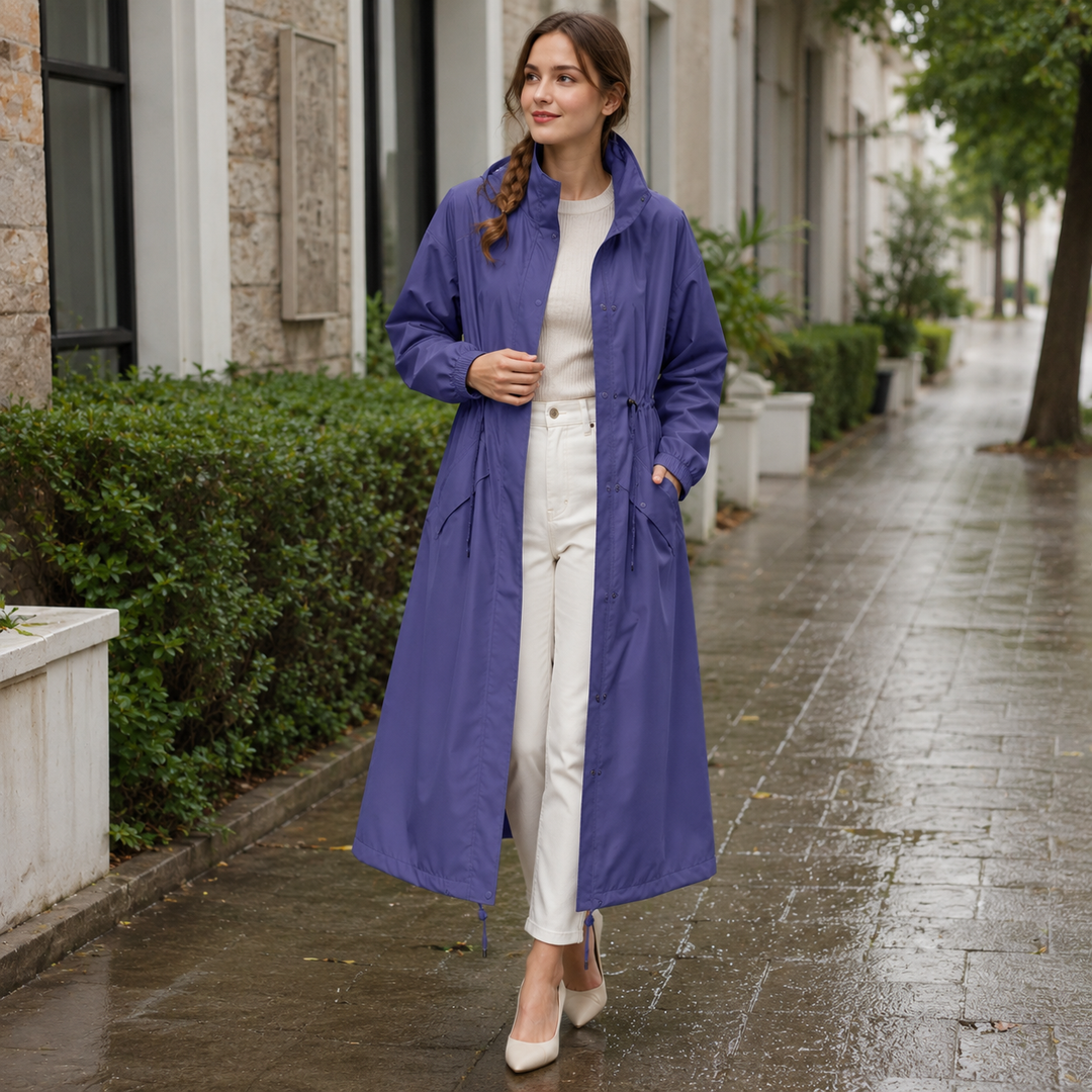 Leichter Damen Regenmantel Rainora, lange Form. Perfekt für den Übergang, wind- & wasserdicht.