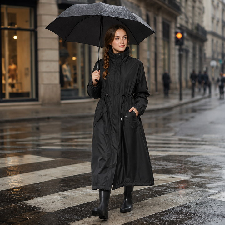 Damen Regenmantel Rainora, detailreiche Ansicht der wasserabweisenden Oberfläche & Nähte.