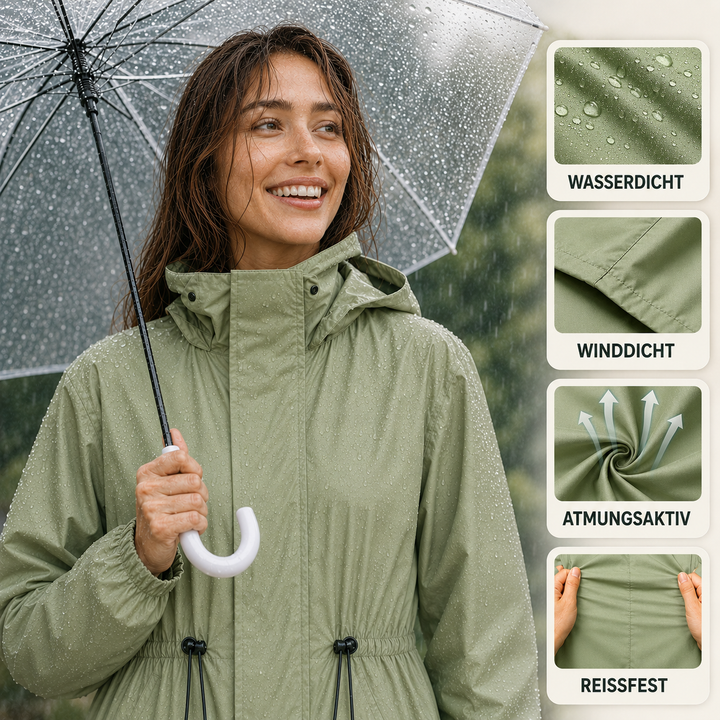 Wasserabweisender Damen Regenmantel Rainora mit praktischer Kapuze, ideal für Wanderungen.