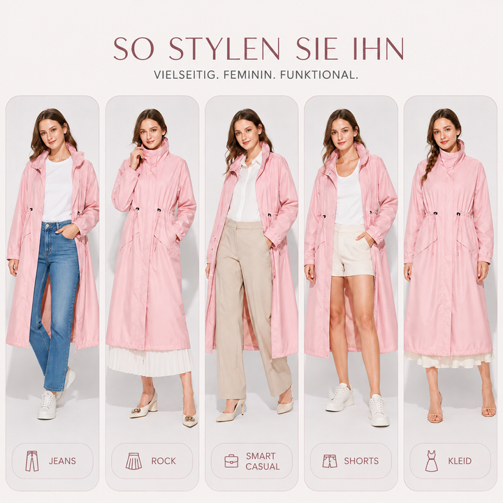 Eleganter Damen Regenmantel Rainora: Perfekte Kombination aus Schutz & Stil für wechselhaftes Wetter.
