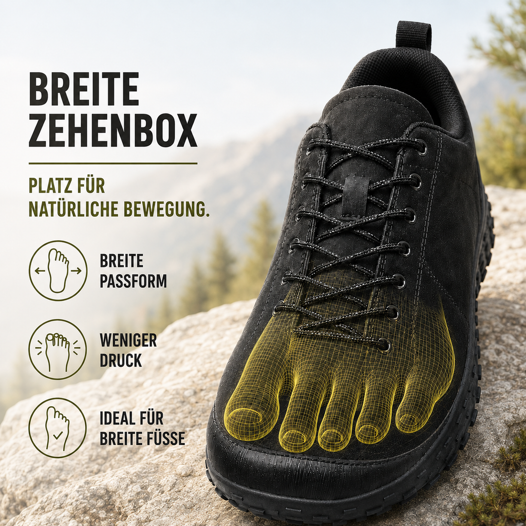 Wanderschuh für Herren & Damen: breite Passform, rutschfeste Sohle. Robust für anspruchsvolle Wanderungen.