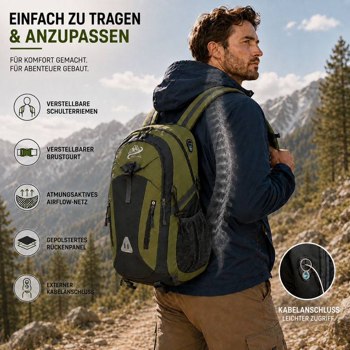 Gepolsterter Mehrkammer-Wanderrucksack 40L für Damen und Herren, wasserdicht, ideal für längere Touren.
