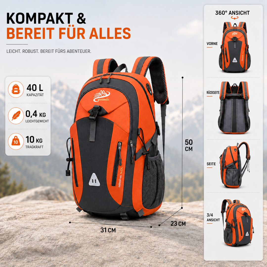 Vielseitiger 40L Tagesrucksack mit mehreren Kammern für Wandern, Trekking & Freizeit, wasserdicht.