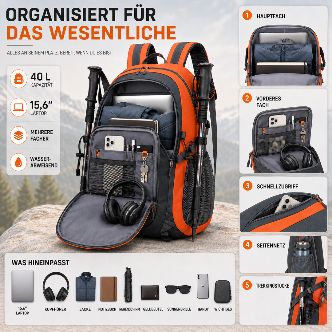 Wasserdichter Outdoor-Rucksack 40 Liter, unisex, perfekt als Tagesrucksack für Sport & Freizeit.