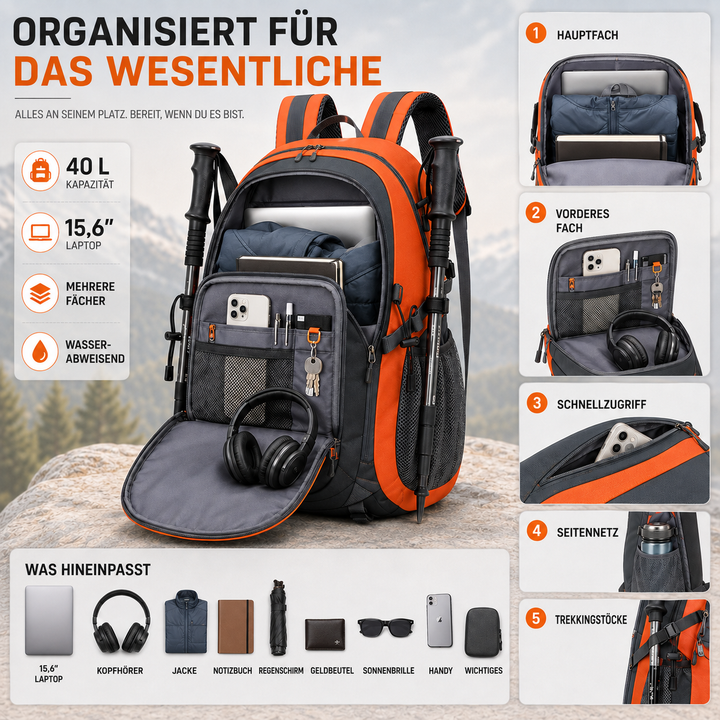 Wasserdichter Outdoor-Rucksack 40 Liter, unisex, perfekt als Tagesrucksack für Sport & Freizeit.