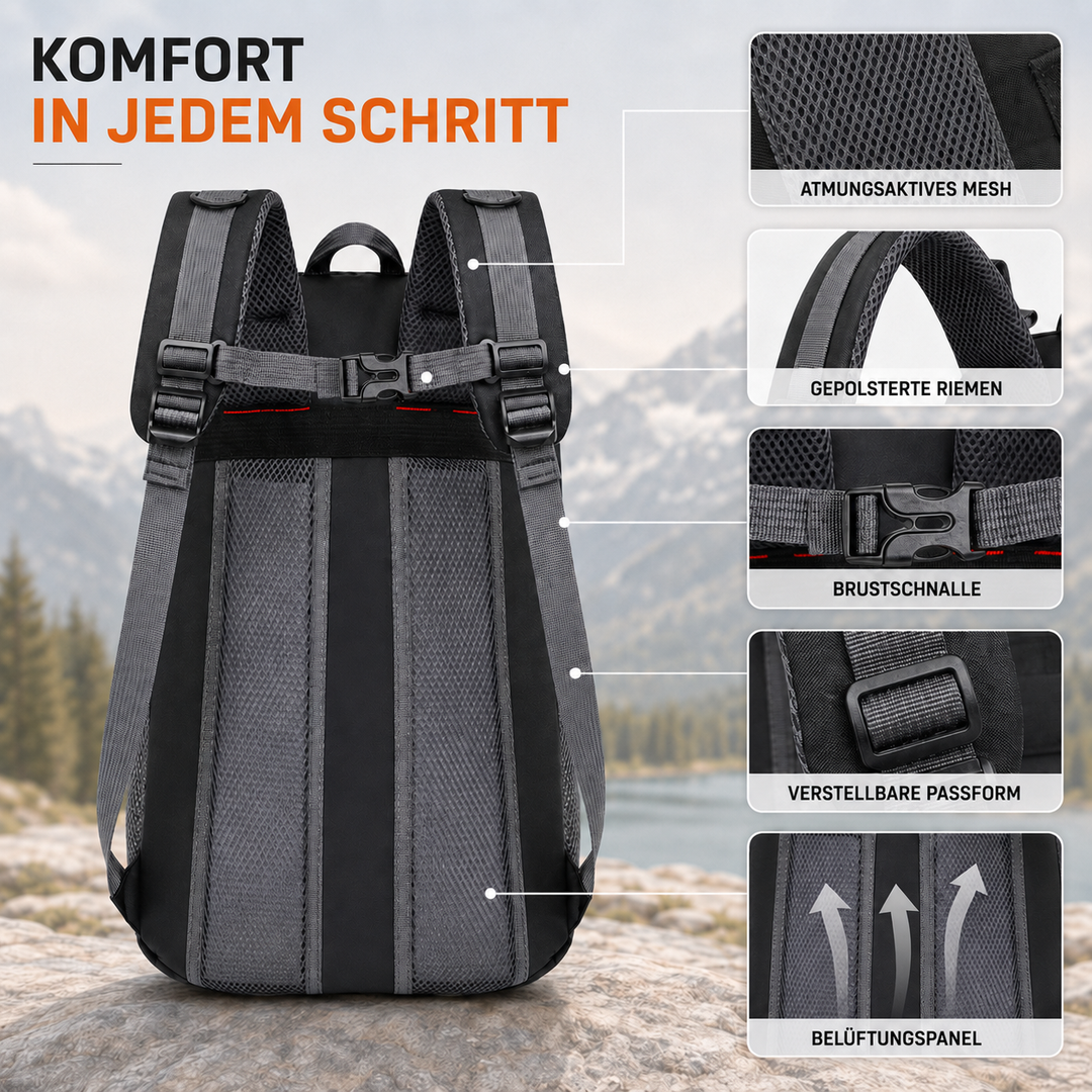 Funktionaler 40L Rucksack für Wanderungen, Trekking & Reisen, mit vielen Kammern und bequem gepolstert.