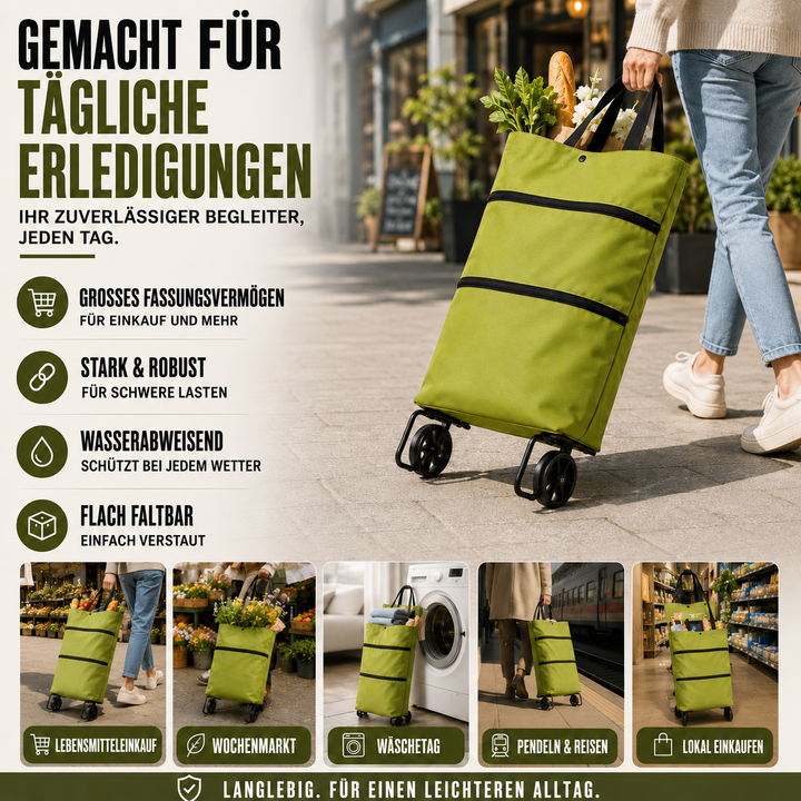 Detailansicht der stabilen Rollen am faltbaren Einkaufstrolley; für leichtgängiges Manövrieren.