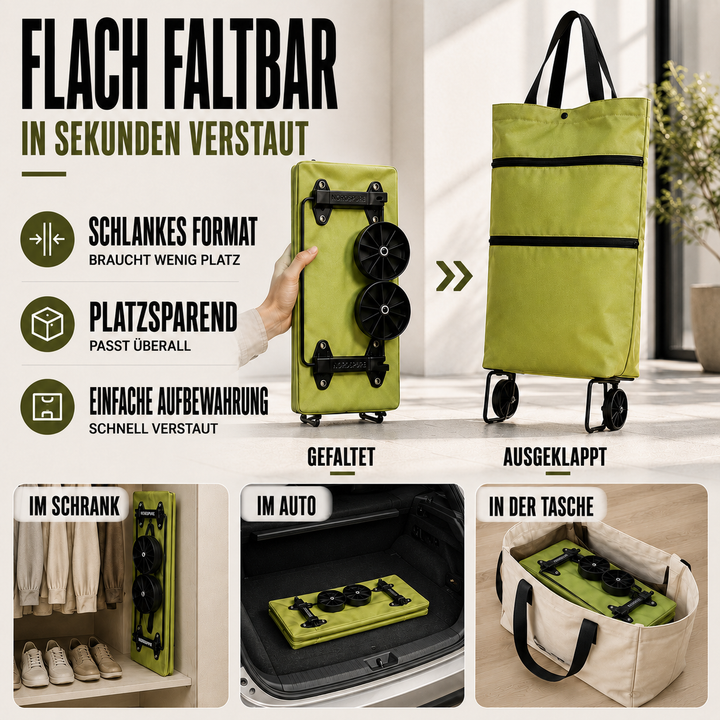 Ausgeklappter Rollpack Einkaufswagen gefüllt mit Einkäufen; zeigt großes Fassungsvermögen.
