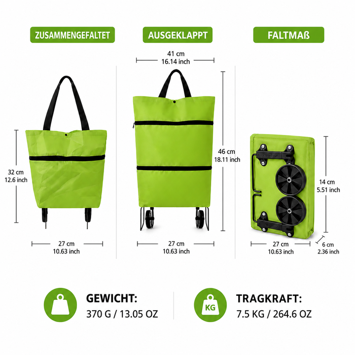 Person zieht den faltbaren Rollpack Einkaufswagen über einen Bürgersteig; im Alltagseinsatz.