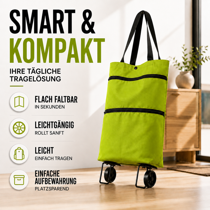 Leichter Rollpack Transportwagen zusammengeklappt; platzsparende Lösung für unterwegs.
