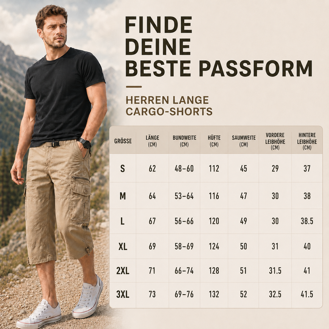 Bequeme Herren Outdoor-Capri-Shorts im Cargo-Stil, für lange Wanderungen und Ausflüge.
