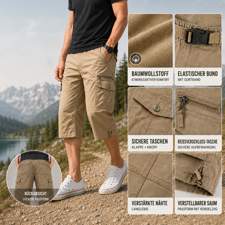 Funktionale Herren Capri-Shorts im Cargo-Stil, ideal für Sport, Wandern & Freizeit im Sommer.