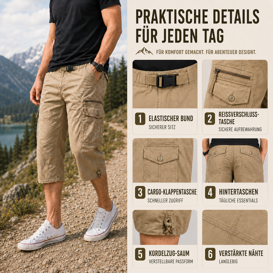 Leichte Herren Sommer Cargo-Shorts, Capri-Länge, perfekt für draußen und aktive Tage.