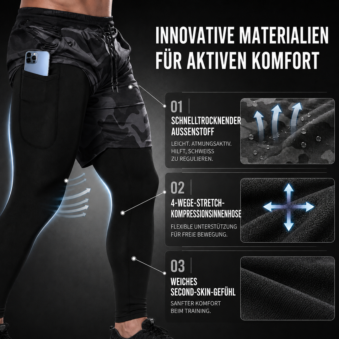 Herren Activewear: Schnelltrocknende 2-in-1 Trainingshose mit praktischer Tasche.
