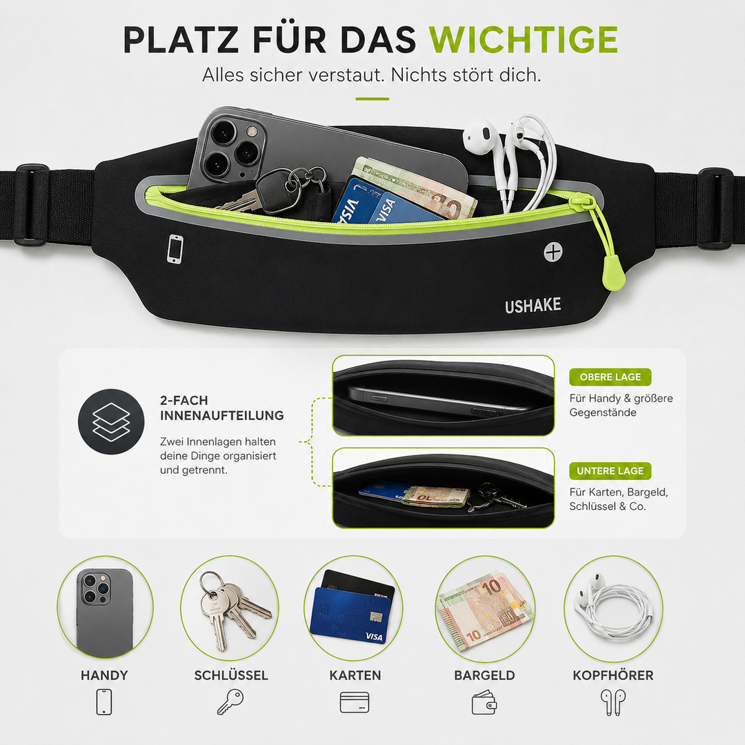 Robuster wasserfester Laufgürtel; hält Handy beim Joggen, Radfahren & Sport trocken und sicher.