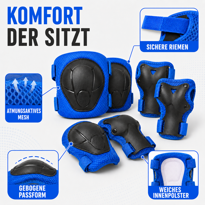 Glückliches Kind mit komplettem Schutzset beim Skaten – Knie-, Ellbogen- & Handgelenkschützer.