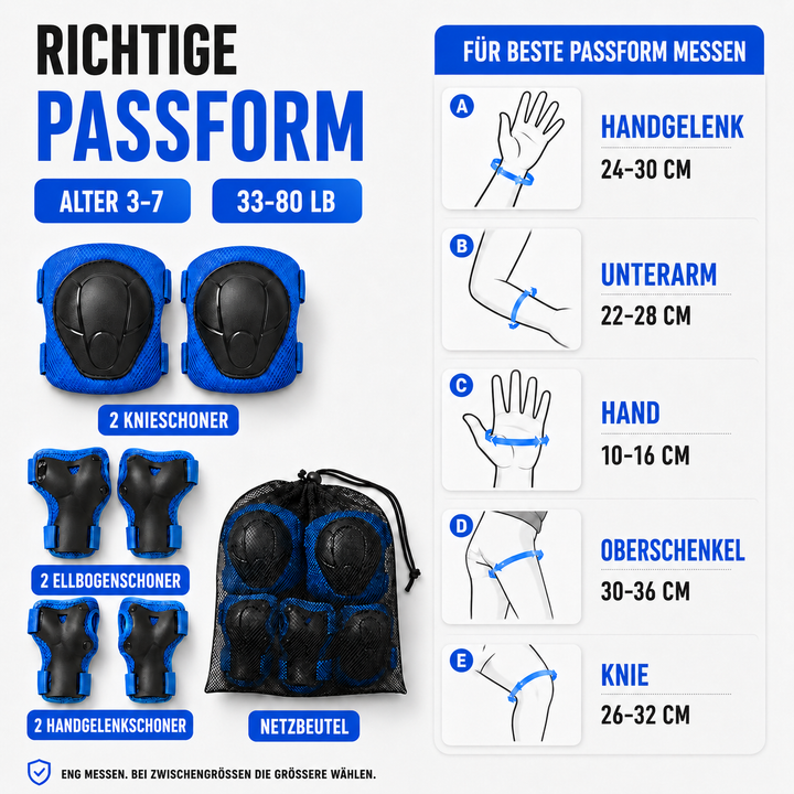 Vollständiges 6-teiliges Kinderschutzset für Sport & Freizeit: Knie-, Ellbogen- & Handgelenkschützer.