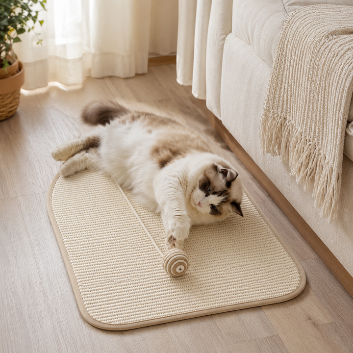 Robustes Katzenkratzbrett aus Sisal zur Wandbefestigung, mit spielerischem Element. Perfektes Haustierzubehör.