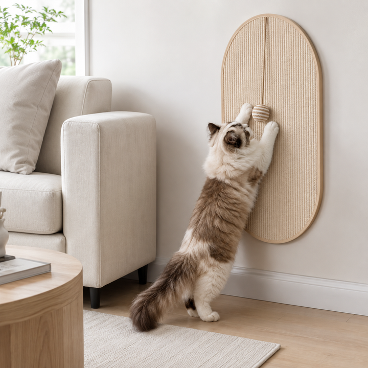 Wandmontiertes Sisal-Katzenkratzbrett mit integriertem Spielzeug für artgerechtes Kratzen & Spiel.