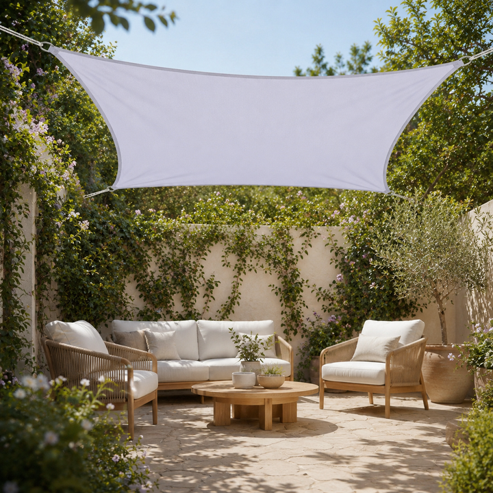 Rechteckiges Sonnensegel für den Garten, robuster UV-Schutz und angenehmer Schattenplatz.