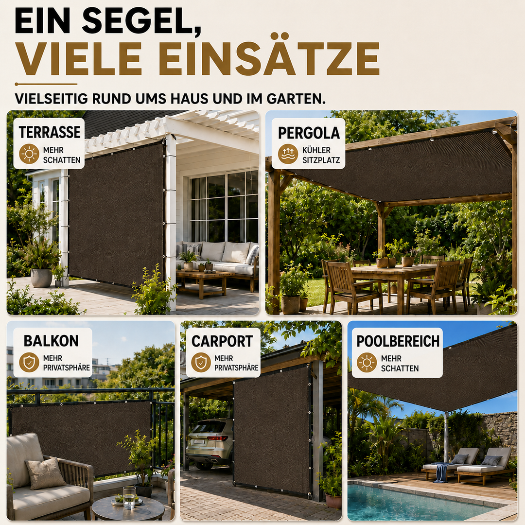 Rechteckiges braunes Sonnensegel für maßgeschneiderten UV-Schutz. Ideal für Terrasse & Gartenbereiche.
