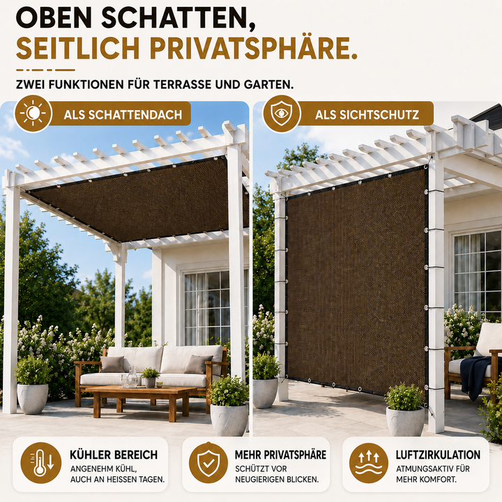 Rechteckiges Sonnensegel auf der Terrasse. Bietet stilvollen UV-Schutz & kühlen Schatten für Komfort.