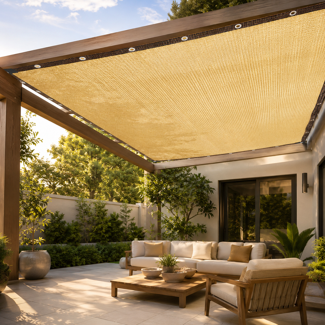Flexibles Sonnenschutztuch beige. UV-Schutz & Beschattung für Outdoor-Gärten, Terrassen & Pergolen. Optimale Kühlung.
