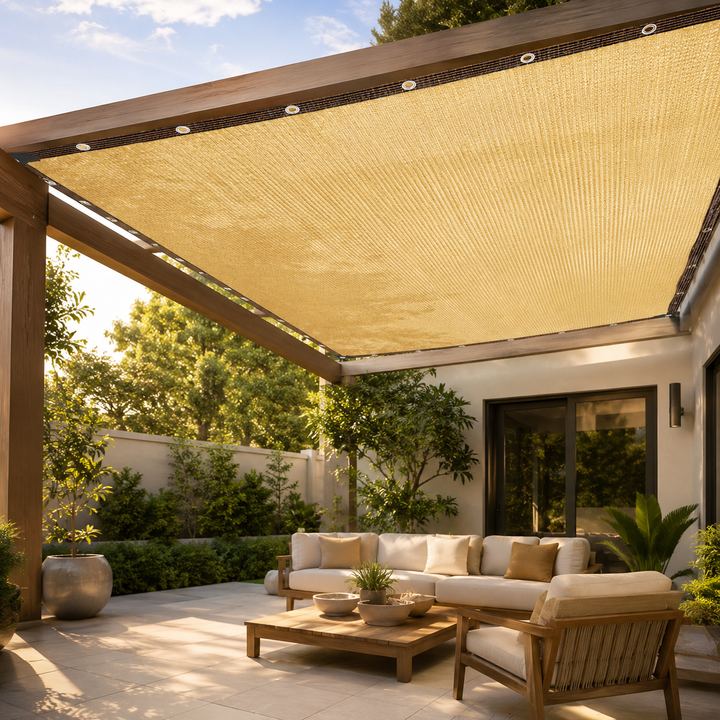 Flexibles Sonnenschutztuch beige. UV-Schutz & Beschattung für Outdoor-Gärten, Terrassen & Pergolen. Optimale Kühlung.