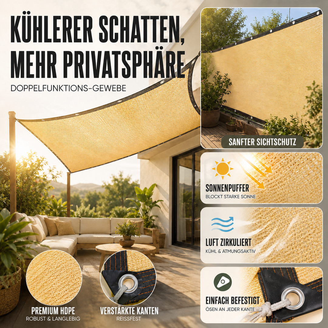 Beiges Netzgewebe als Sonnenschutz. Bietet Beschattung, UV-Schutz & Kühlung für Garten und Outdoor-Terrasse.