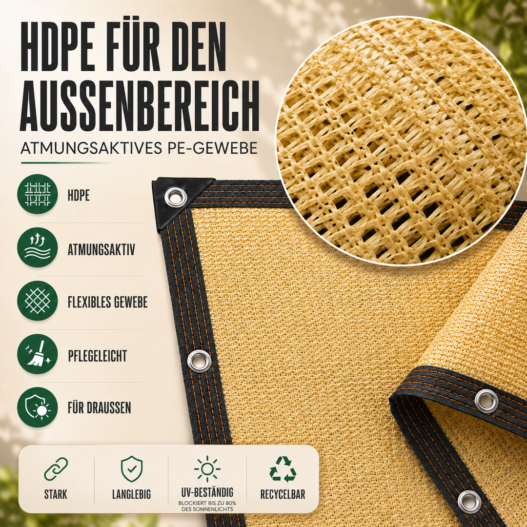 UV-Schutz Sonnenschutztuch in Beige. Ideal für Gärten, Terrassen & Outdoor-Kühlung unter Pergola oder Markise.